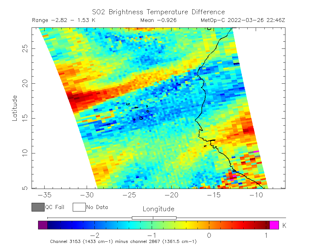 SO2 Brightness Temperature Difference 2022-03-26 22:46Z