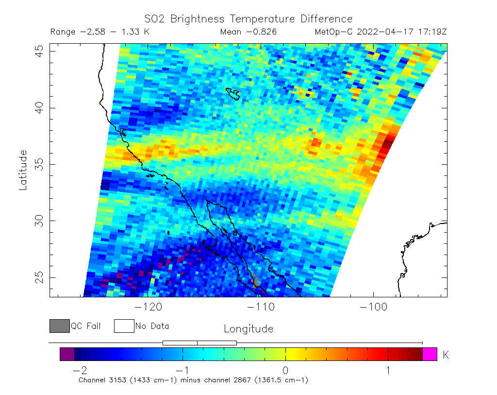 SO2 Brightness Temperature Difference 2022-04-17 17:19Z