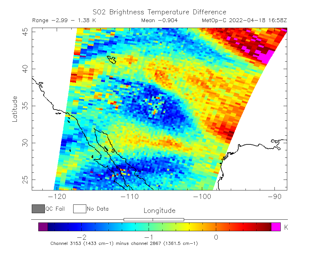 SO2 Brightness Temperature Difference 2022-04-18 16:58Z