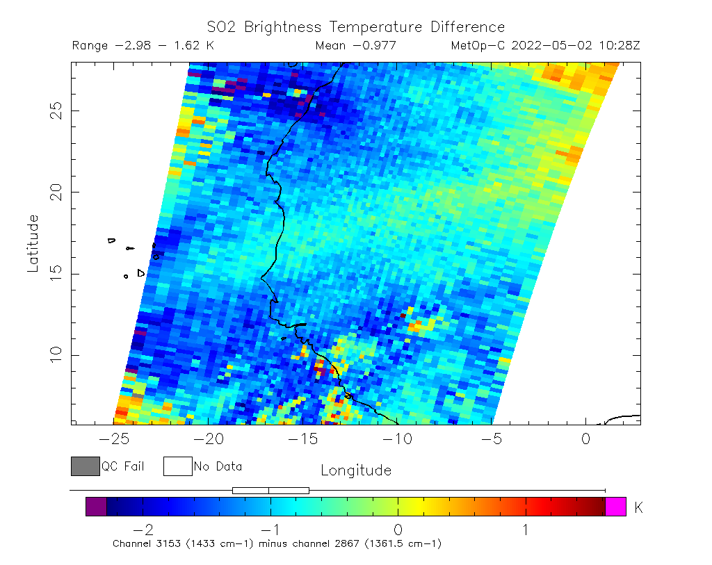 SO2 Brightness Temperature Difference 2022-05-02 10:28Z