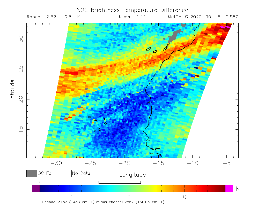 SO2 Brightness Temperature Difference 2022-05-15 10:58Z