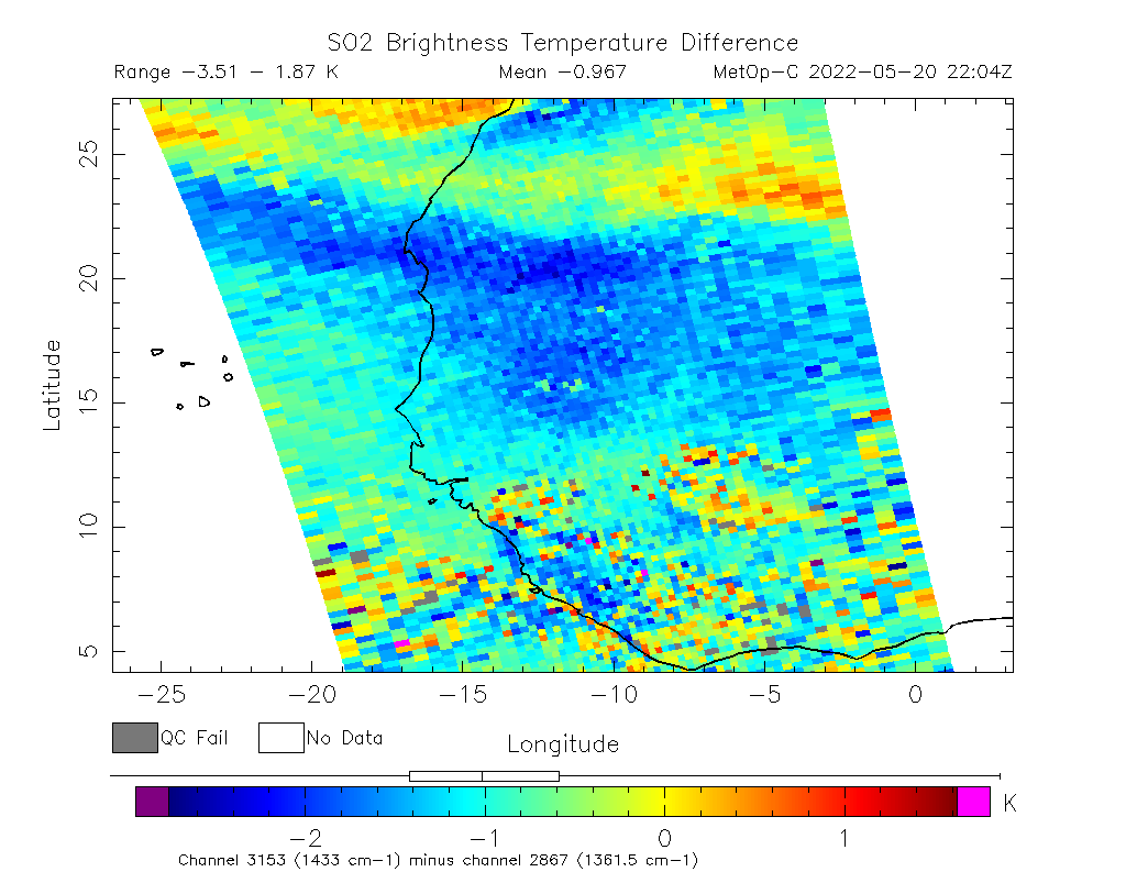 SO2 Brightness Temperature Difference 2022-05-20 22:04Z