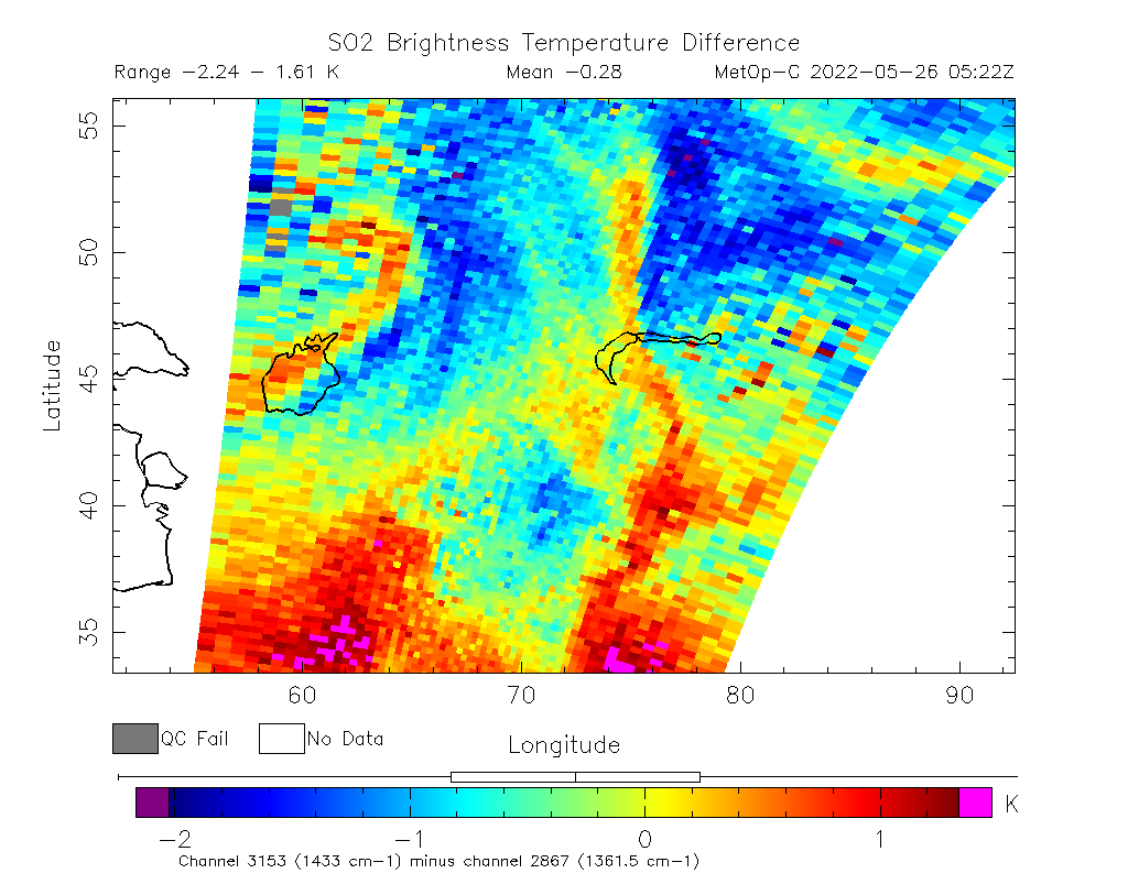 SO2 Brightness Temperature Difference 2022-05-26 05:22Z
