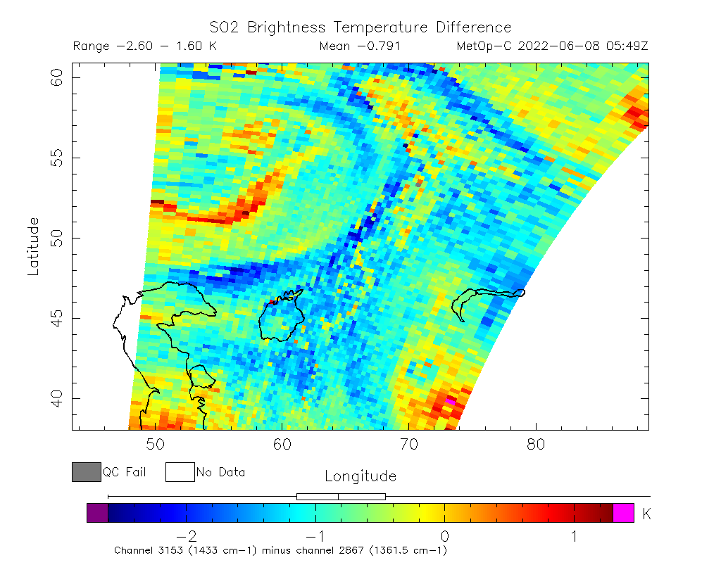 SO2 Brightness Temperature Difference 2022-06-08 05:49Z