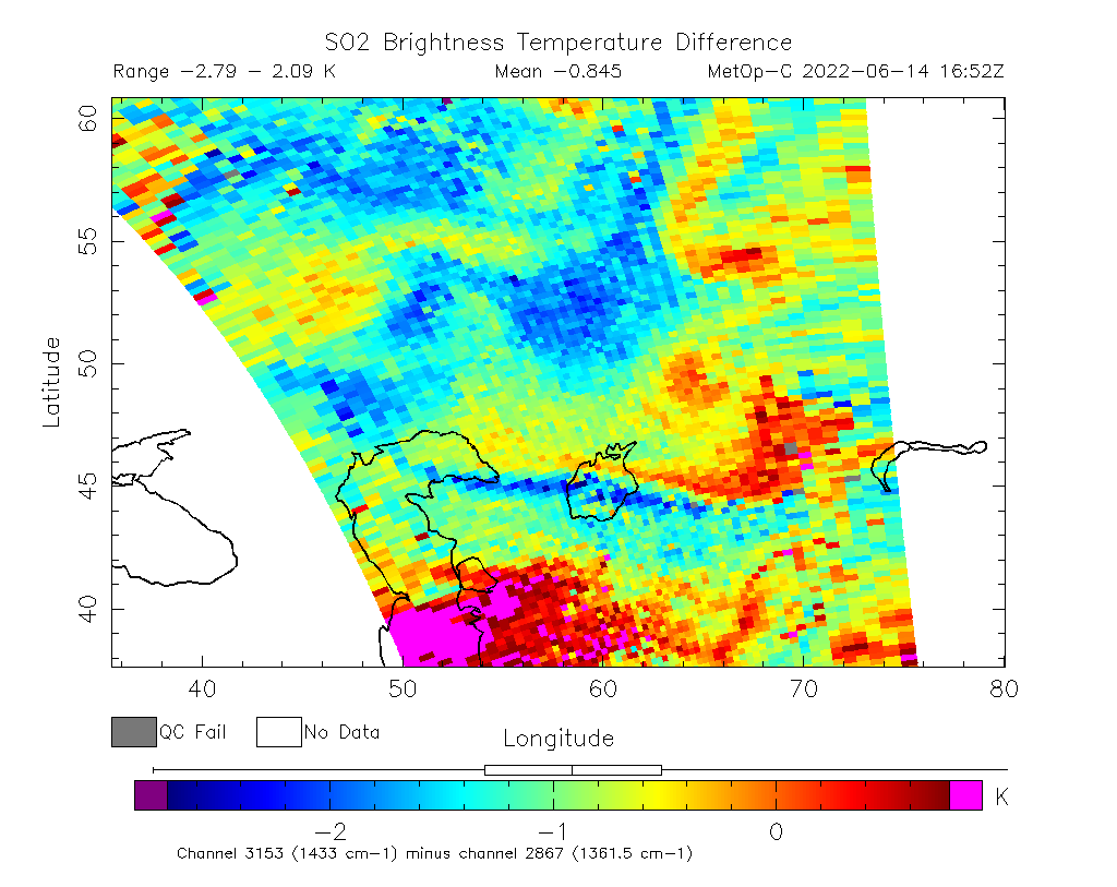 SO2 Brightness Temperature Difference 2022-06-14 16:52Z