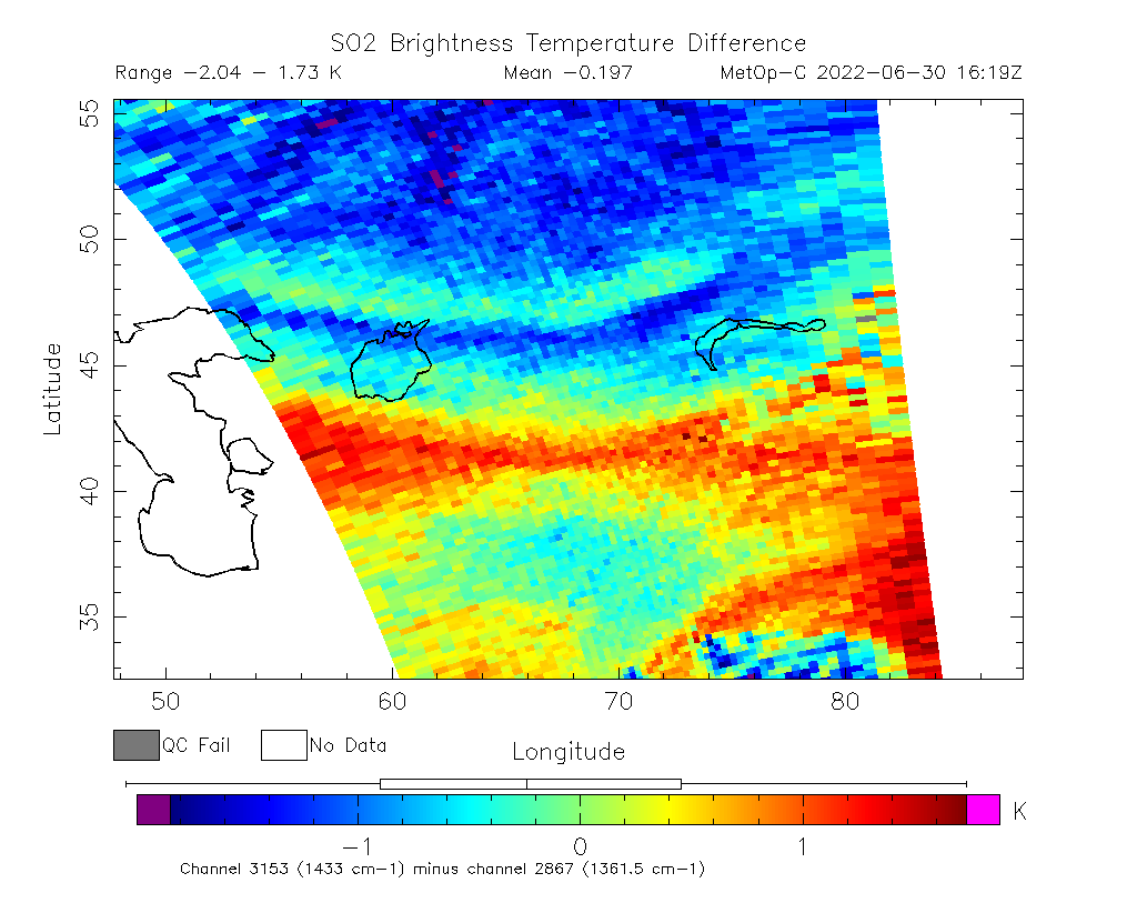 SO2 Brightness Temperature Difference 2022-06-30 16:19Z