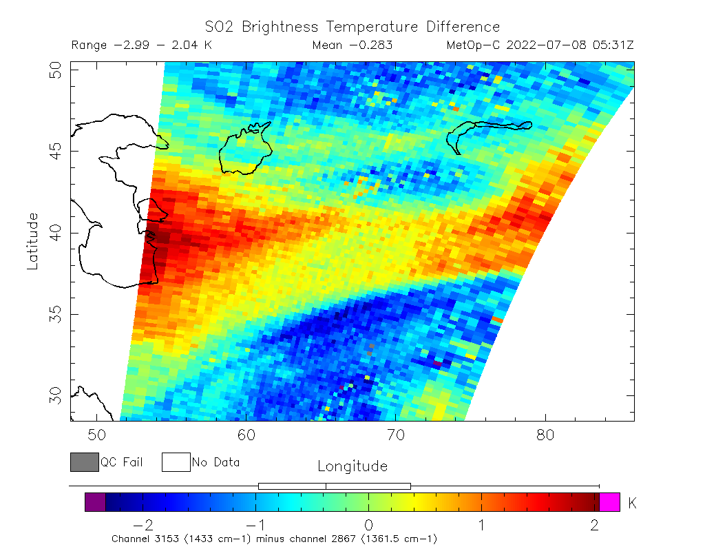 SO2 Brightness Temperature Difference 2022-07-08 05:31Z