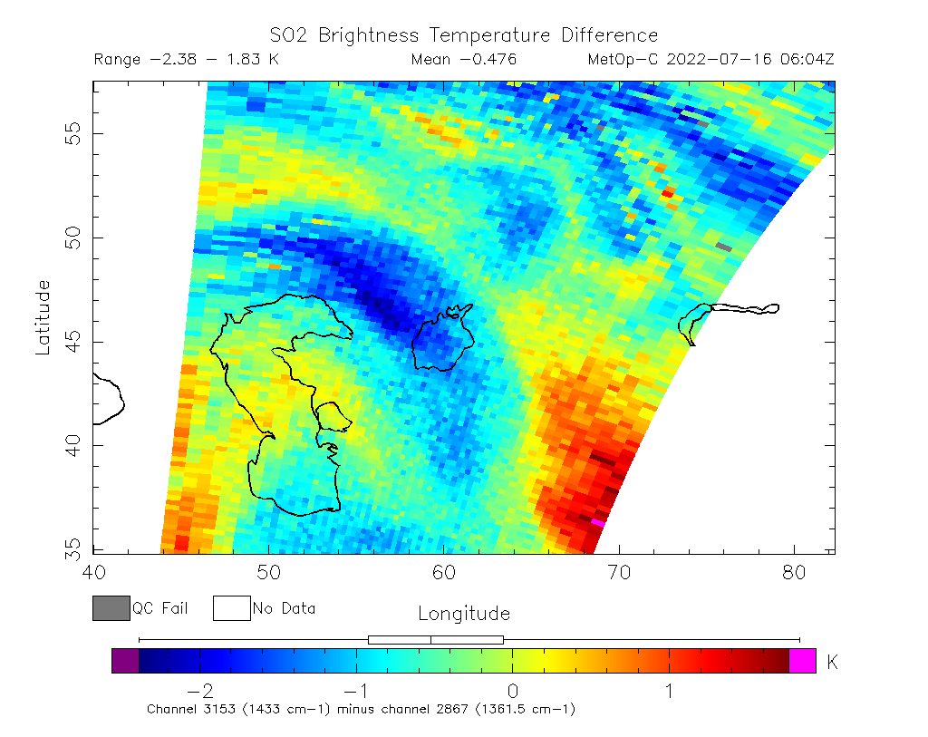 SO2 Brightness Temperature Difference 2022-07-16 06:04Z