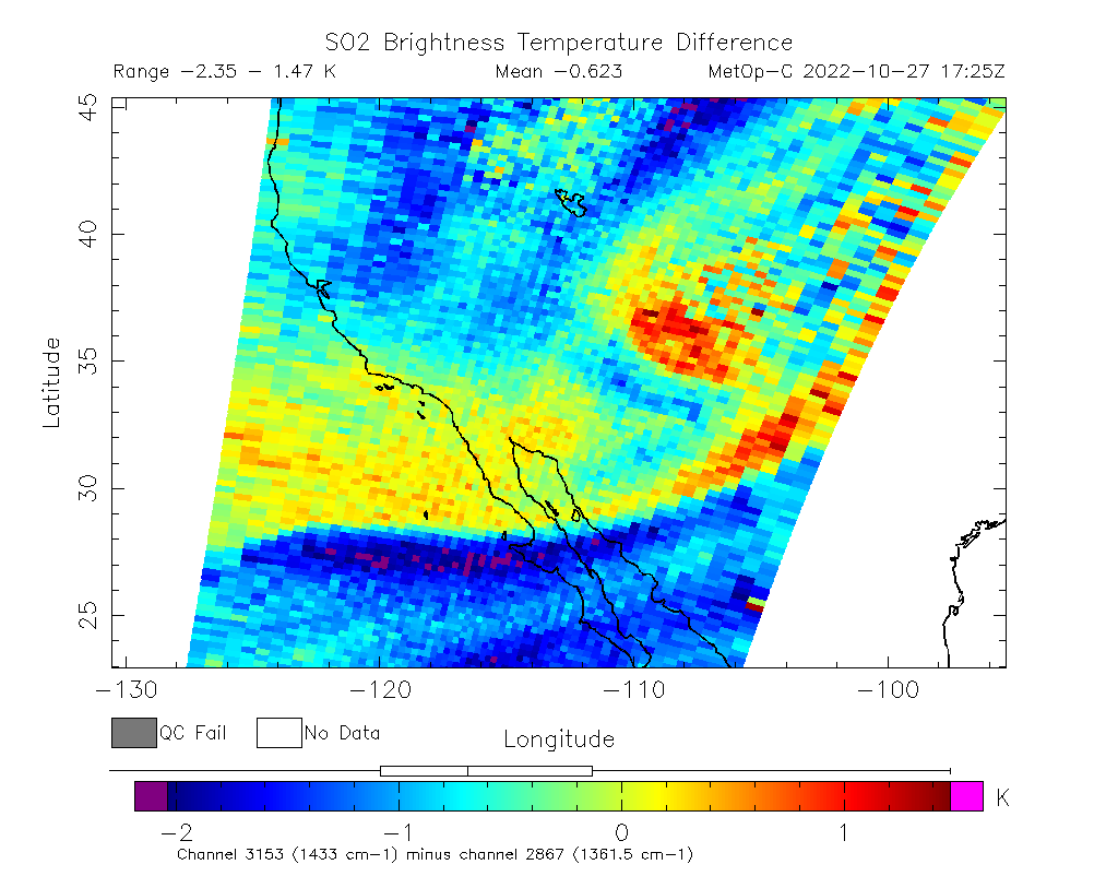 SO2 Brightness Temperature Difference 2022-10-27 17:25Z