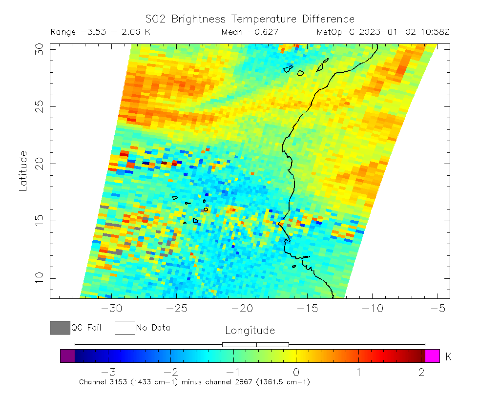 SO2 Brightness Temperature Difference 2023-01-02 10:58Z