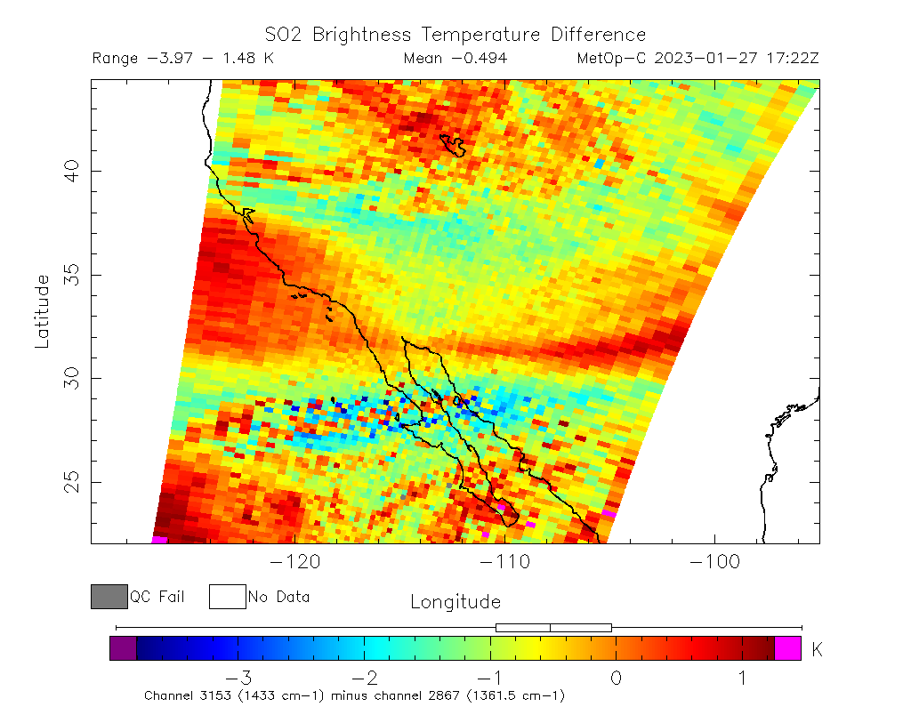 SO2 Brightness Temperature Difference 2023-01-27 17:22Z