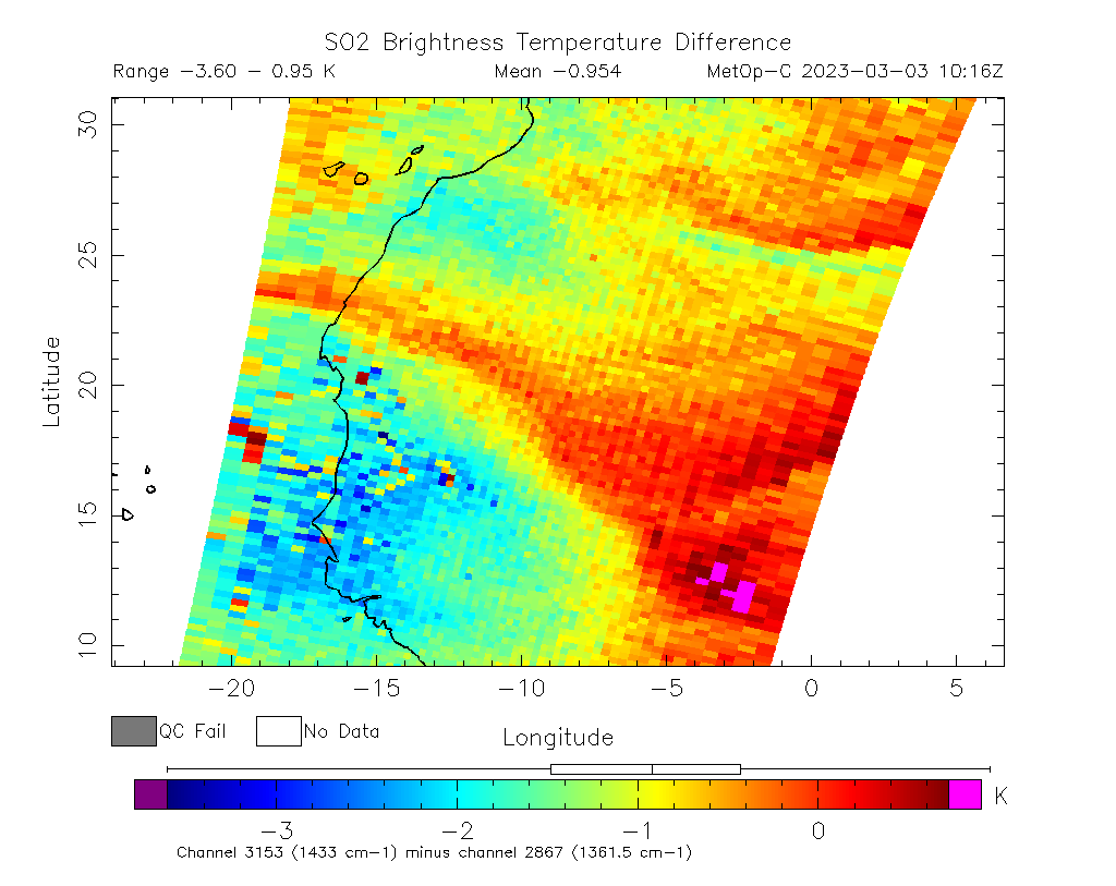 SO2 Brightness Temperature Difference 2023-03-03 10:16Z
