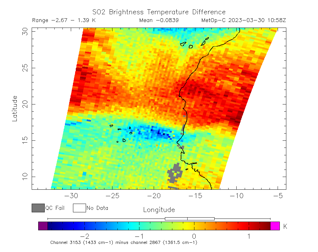 SO2 Brightness Temperature Difference 2023-03-30 10:58Z