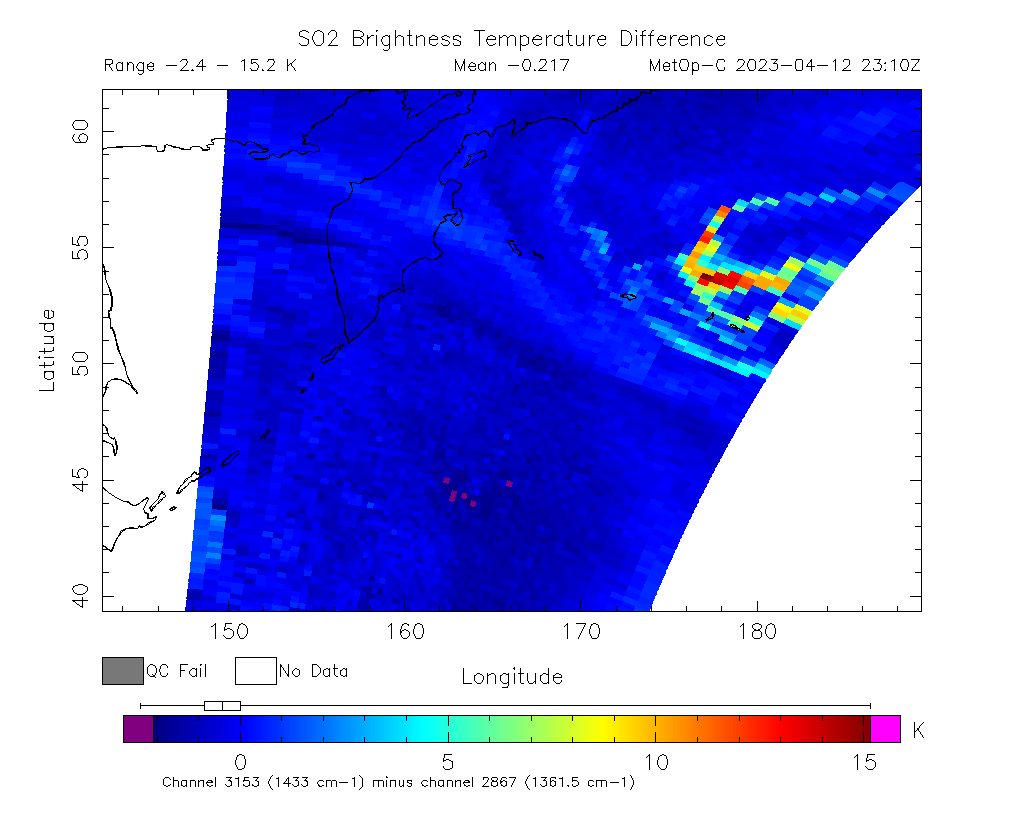 SO2 Brightness Temperature Difference 2023-04-12 23:10Z