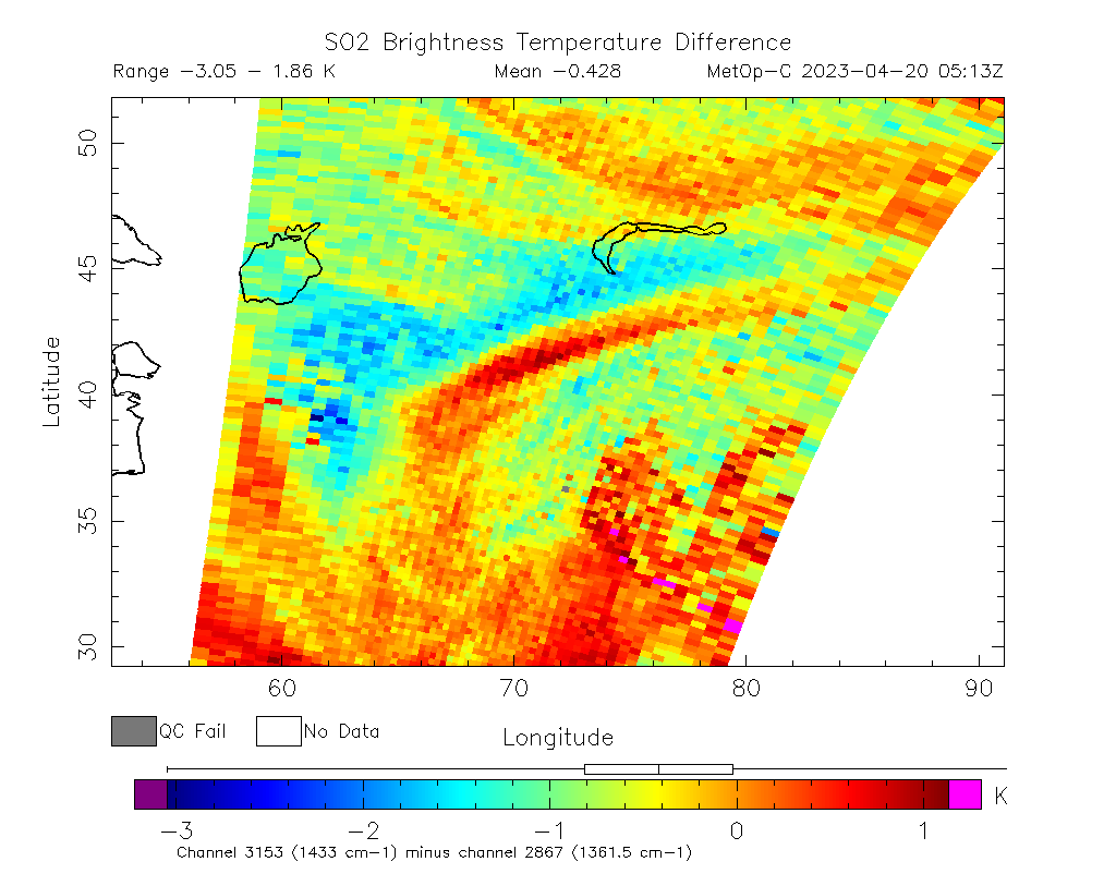 SO2 Brightness Temperature Difference 2023-04-20 05:13Z