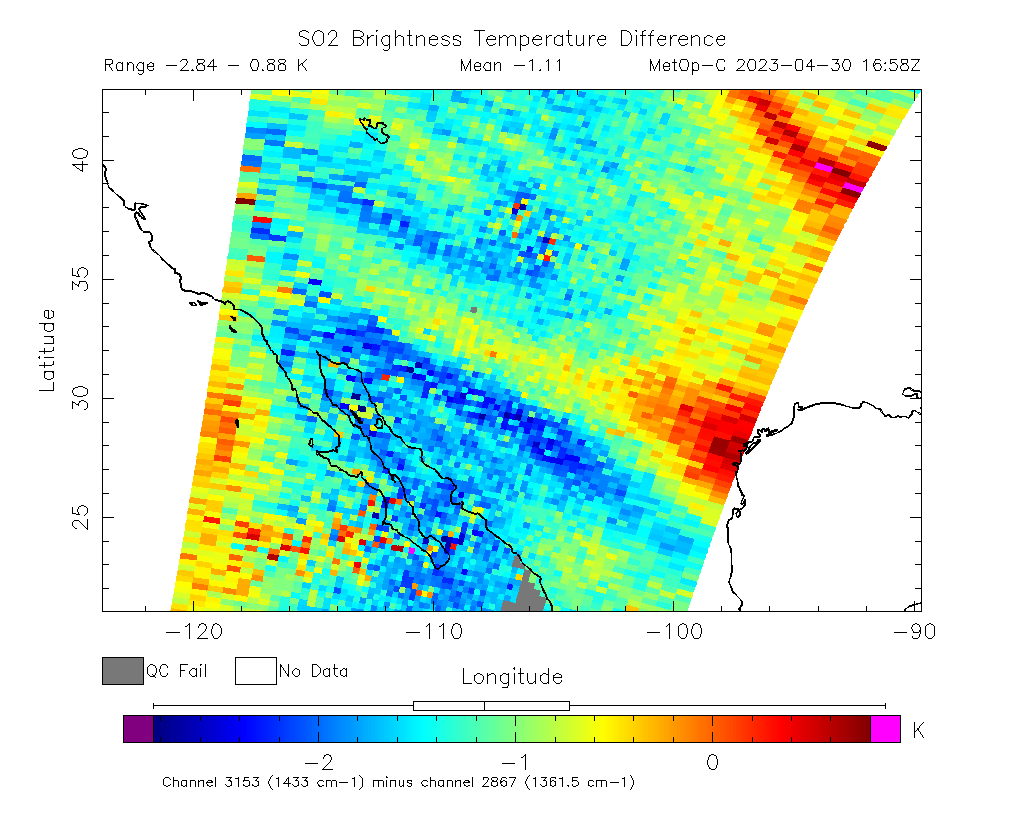 SO2 Brightness Temperature Difference 2023-04-30 16:58Z
