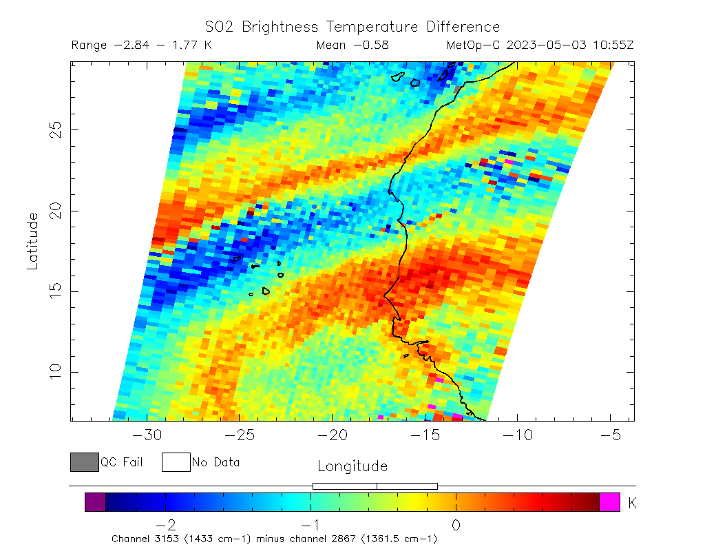 SO2 Brightness Temperature Difference 2023-05-03 10:55Z