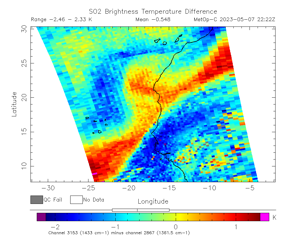 SO2 Brightness Temperature Difference 2023-05-07 22:22Z