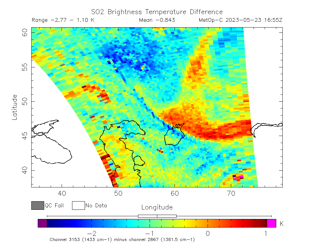 SO2 Brightness Temperature Difference 2023-05-23 16:55Z