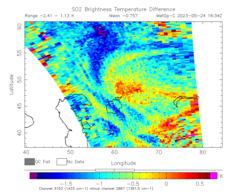 SO2 Brightness Temperature Difference 2023-05-24 16:34Z