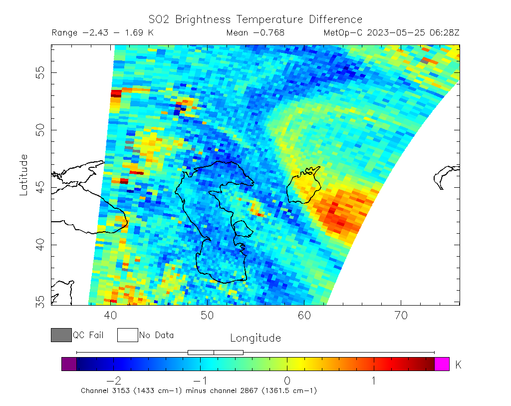 SO2 Brightness Temperature Difference 2023-05-25 06:28Z