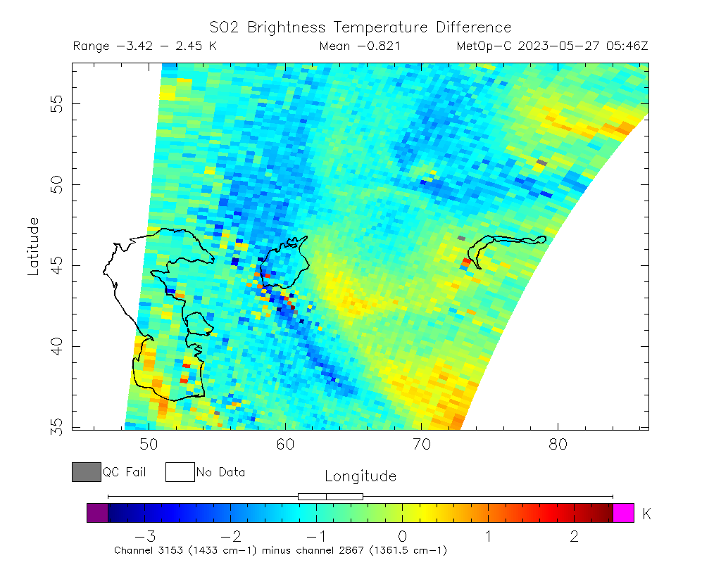 SO2 Brightness Temperature Difference 2023-05-27 05:46Z