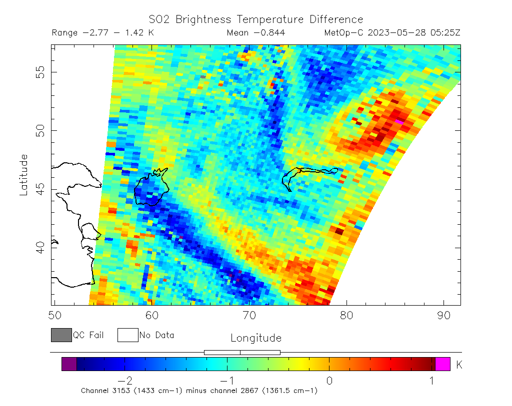 SO2 Brightness Temperature Difference 2023-05-28 05:25Z