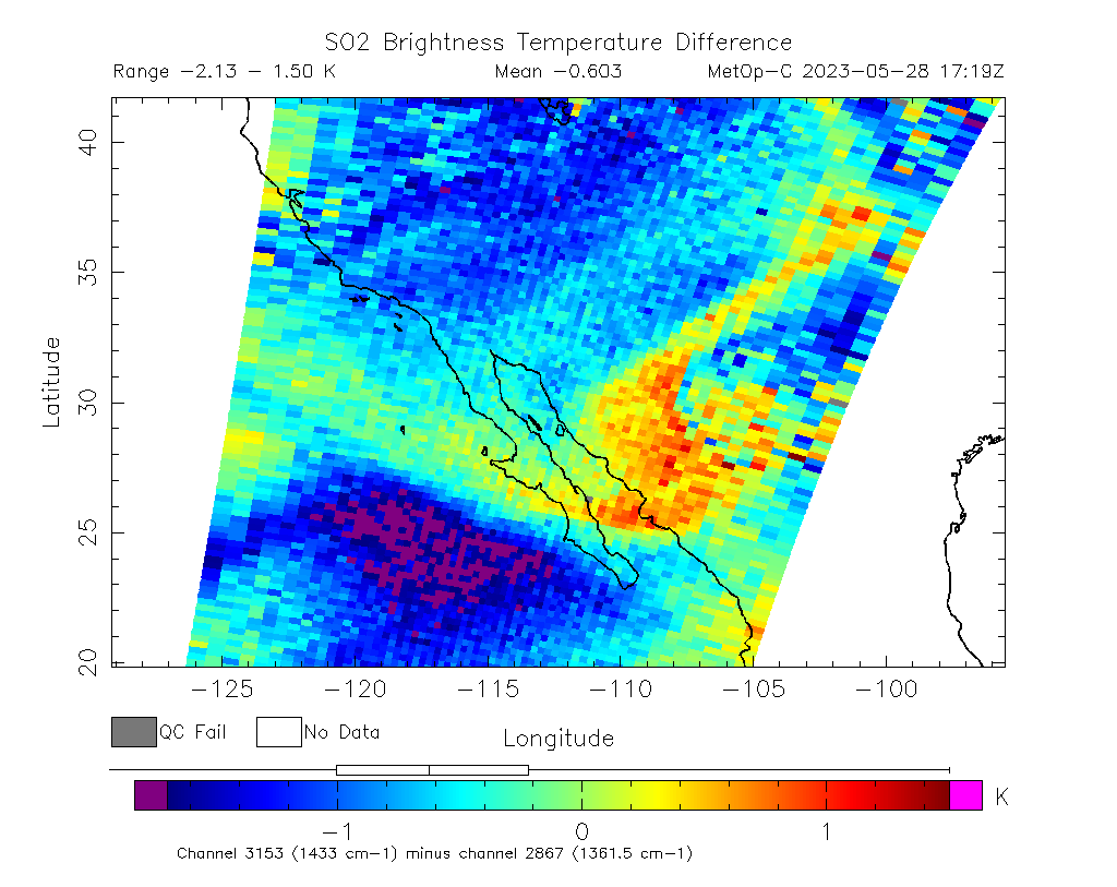 SO2 Brightness Temperature Difference 2023-05-28 17:19Z