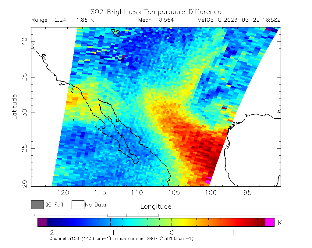 SO2 Brightness Temperature Difference 2023-05-29 16:58Z