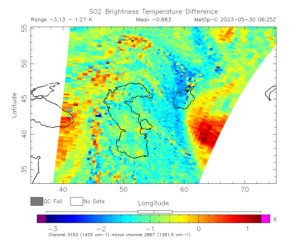 SO2 Brightness Temperature Difference 2023-05-30 06:25Z