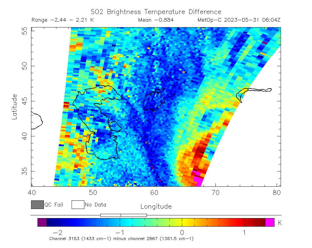 SO2 Brightness Temperature Difference 2023-05-31 06:04Z