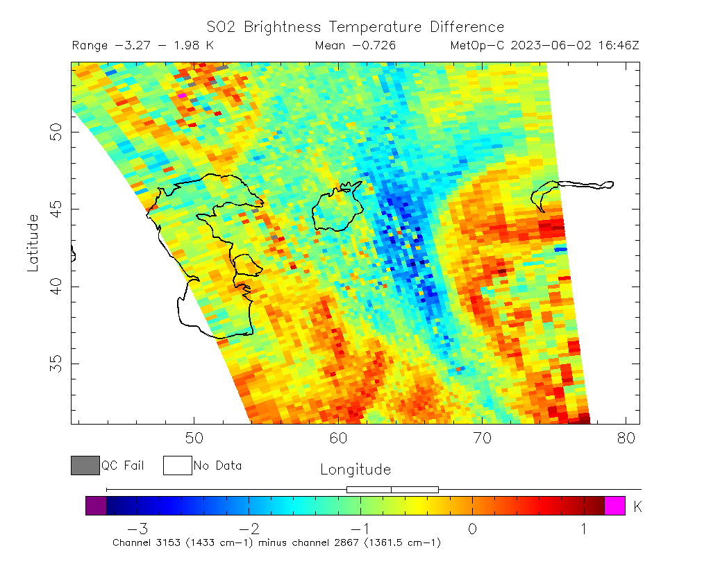 SO2 Brightness Temperature Difference 2023-06-02 16:46Z
