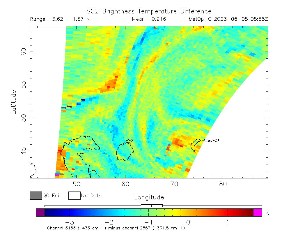 SO2 Brightness Temperature Difference 2023-06-05 05:58Z