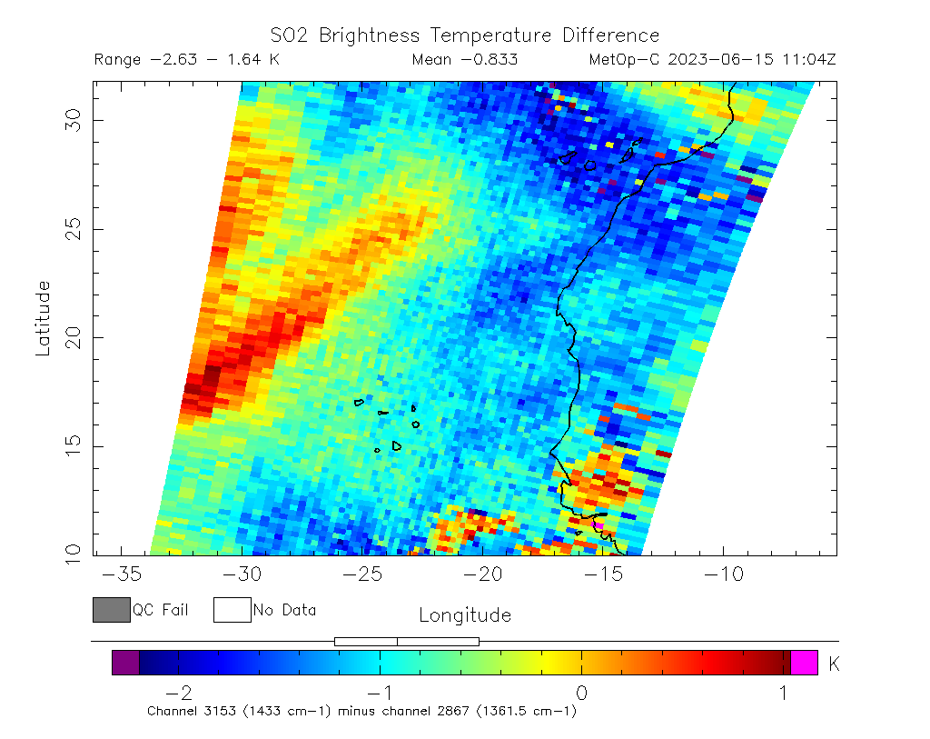 SO2 Brightness Temperature Difference 2023-06-15 11:04Z