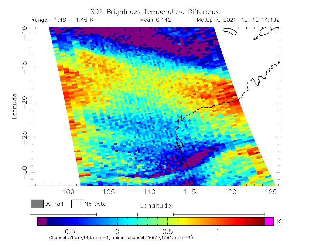 SO2 Brightness Temperature Difference 2021-10-12 14:19Z
