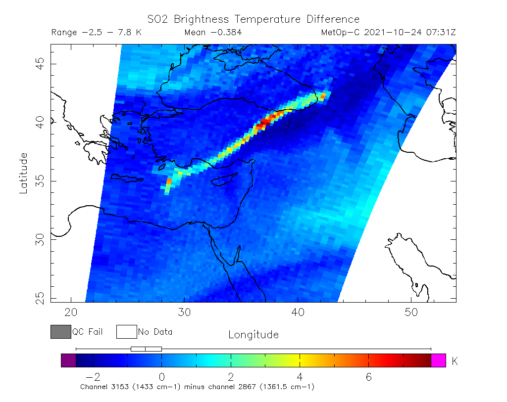 SO2 Brightness Temperature Difference 2021-10-24 07:31Z