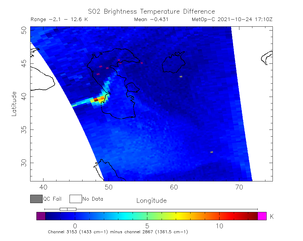SO2 Brightness Temperature Difference 2021-10-24 17:10Z
