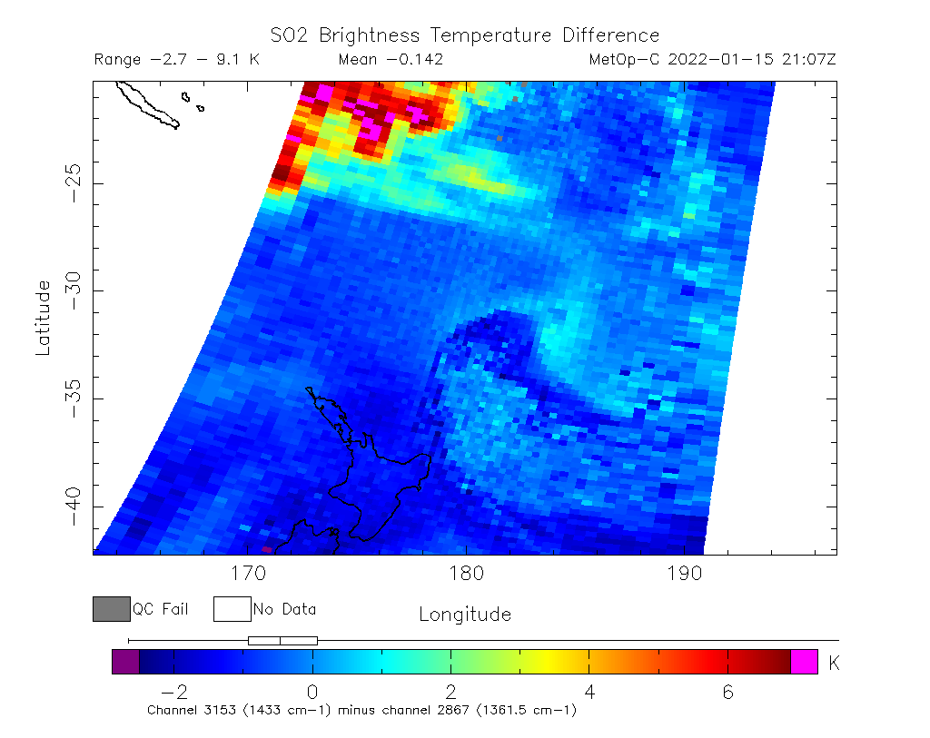 SO2 Brightness Temperature Difference 2022-01-15 21:07Z