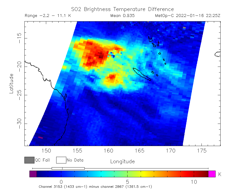 SO2 Brightness Temperature Difference 2022-01-16 22:25Z