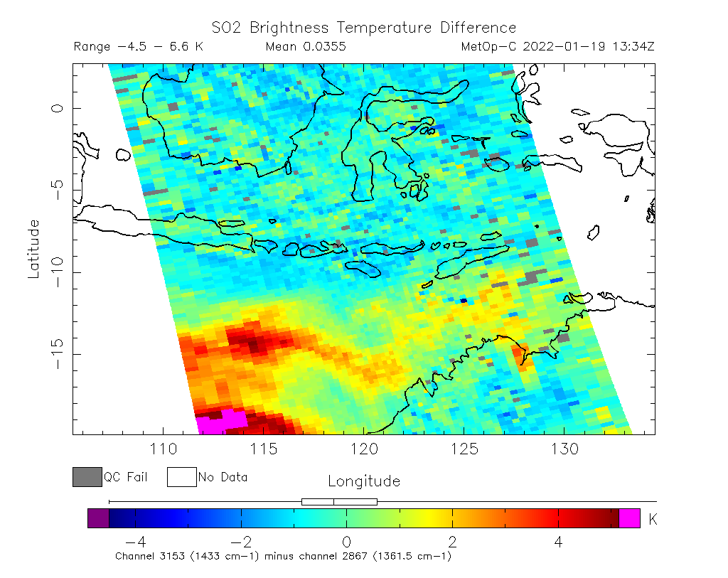SO2 Brightness Temperature Difference 2022-01-19 13:34Z