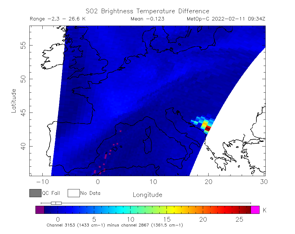 SO2 Brightness Temperature Difference 2022-02-11 09:34Z
