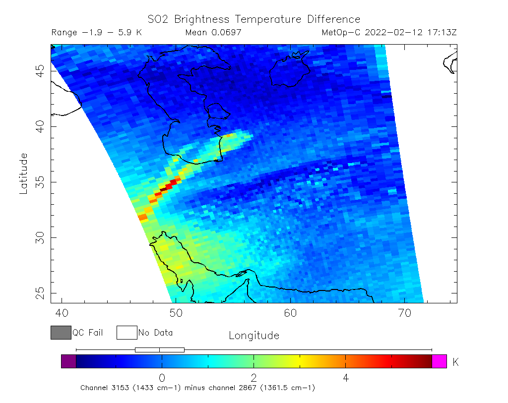 SO2 Brightness Temperature Difference 2022-02-12 17:13Z