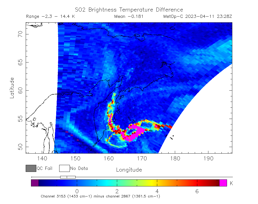 SO2 Brightness Temperature Difference 2023-04-11 23:28Z