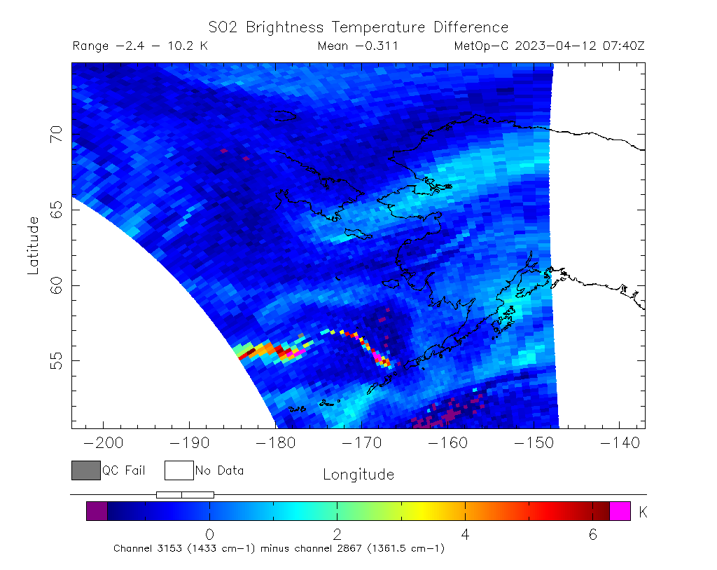 SO2 Brightness Temperature Difference 2023-04-12 07:40Z