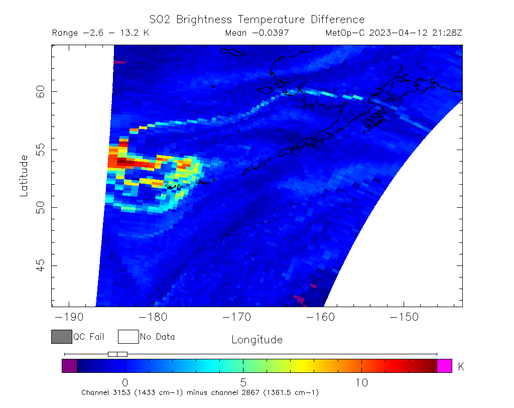 SO2 Brightness Temperature Difference 2023-04-12 21:28Z