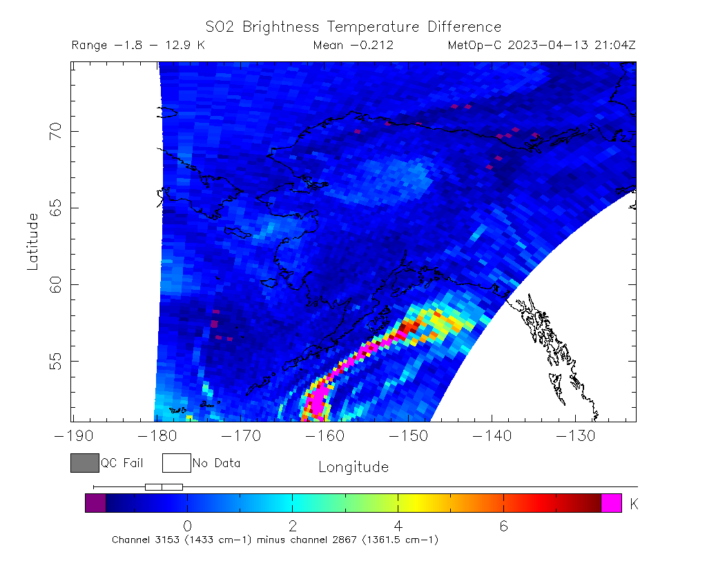 SO2 Brightness Temperature Difference 2023-04-13 21:04Z