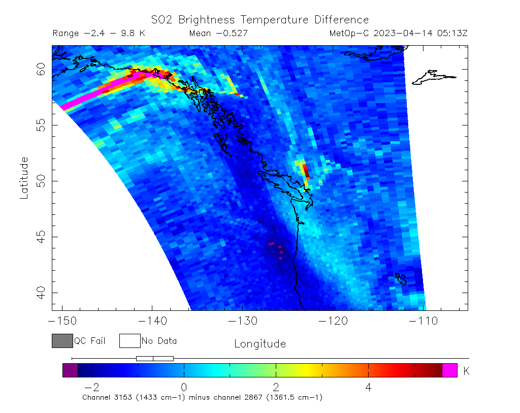SO2 Brightness Temperature Difference 2023-04-14 05:13Z