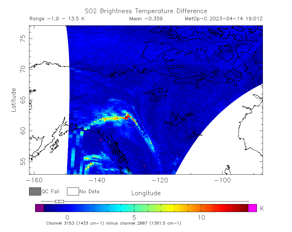 SO2 Brightness Temperature Difference 2023-04-14 19:01Z