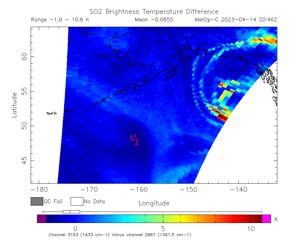 SO2 Brightness Temperature Difference 2023-04-14 20:46Z