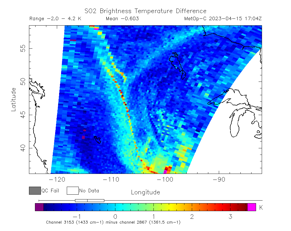 SO2 Brightness Temperature Difference 2023-04-15 17:04Z